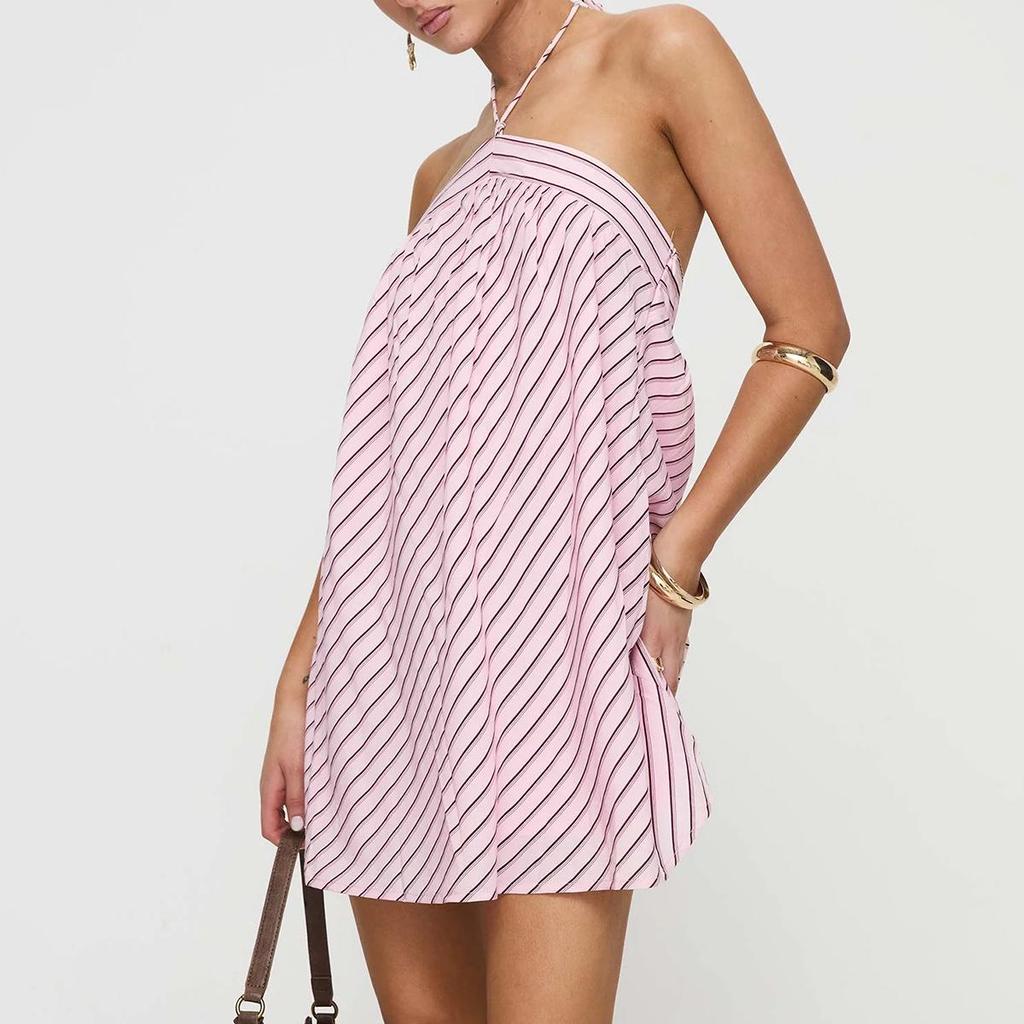 Women's Striped Halter Backless Dress - Spicy European and American Holiday Beachwear