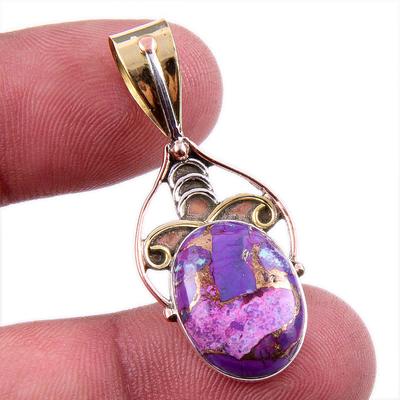 Natural Purple Copper Turquoise 925 Solid Silver Gift TwoTone Pendant1.75" s2A27