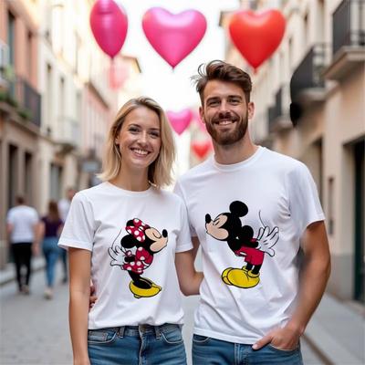 Disney Mickey en Minnie Bedruikt Katoenen Koppel T-shirt Mode Ronde Hals Losse Top Valentijnsdag Dagelijks Y2K T-shirt