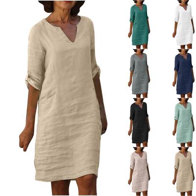 Women's Summer Retro Solid Color Cotton Linen V-Neck Long  Sleeve Dress Light Breathable Dress