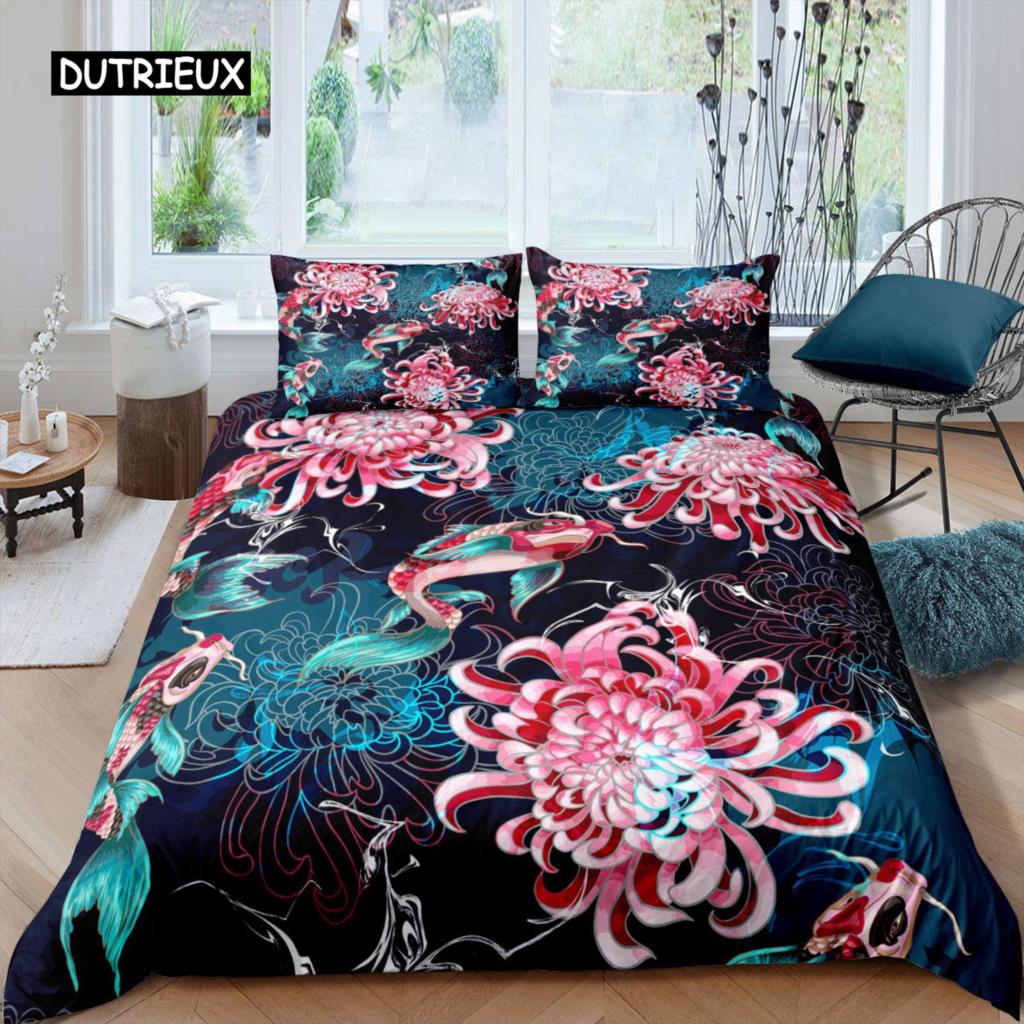 

Koi Fish Bedspread Cover Collection King Size Size Oriental Asian Culture Lotus Bed Linen Collection Fine Microfiber Twin Size Cloud Quilt Cover for EU single(135x200cm)