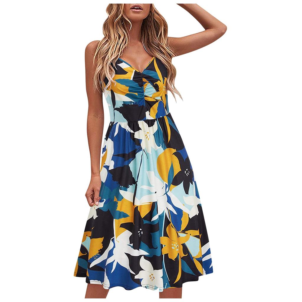 Kvinnemote Uformell ermeløs slank Sexy V-hals trykt mellomlang kjole