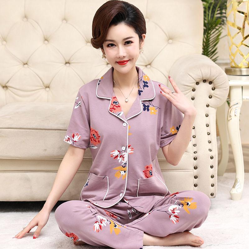 Summer cotton pajamas women's short-sleeved trousers middle-aged women's plus-size cardigan set thin loungewear
