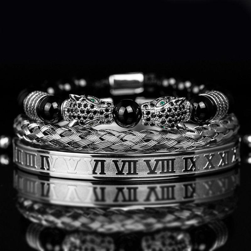 Men Black Double Leopard Head Braided Bracelet Stainless Steel Roman Numeral Bracelet Suit Fashion Retro Style