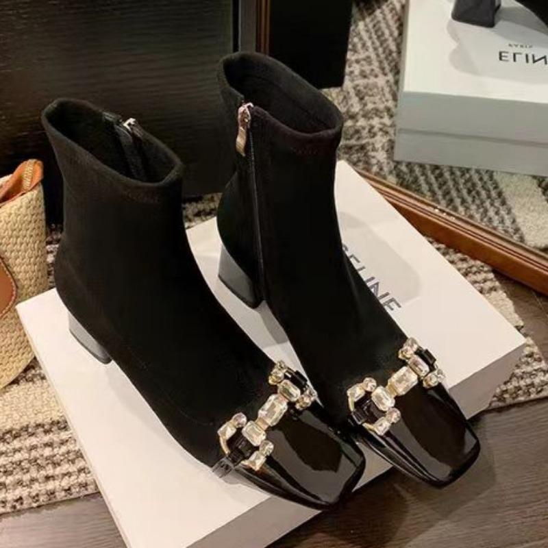 

Women s Fashion Chunky Single Boots Fall New Square Head Rhinrhinous Buckle Stitching Suede Side Zipper Short Boots 40