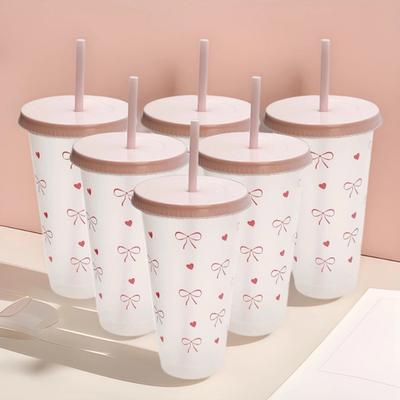 Bottiglia d'acqua Kawaii Estetica Tumbler Per Caffè Freddo Succo Tè Simpatiche Tazze di Plastica con Coperchio e Cannuccia Bottiglia Portatile per Bere