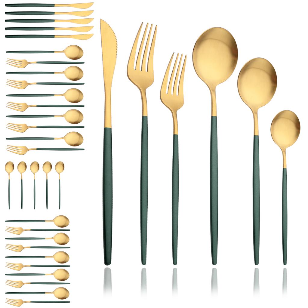 Black Gold 36Pcs Matte Flatware Dinnerware Set Knife Dessert Fork Spoon Dinner Set Stainless Steel Tableware Kitchen Cutlery Set