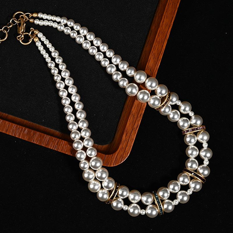 Vintage Multi-layer Diamond-encrusted Pearl Necklace, French Retro Light Luxury Sweater Chain, Elegant Woman