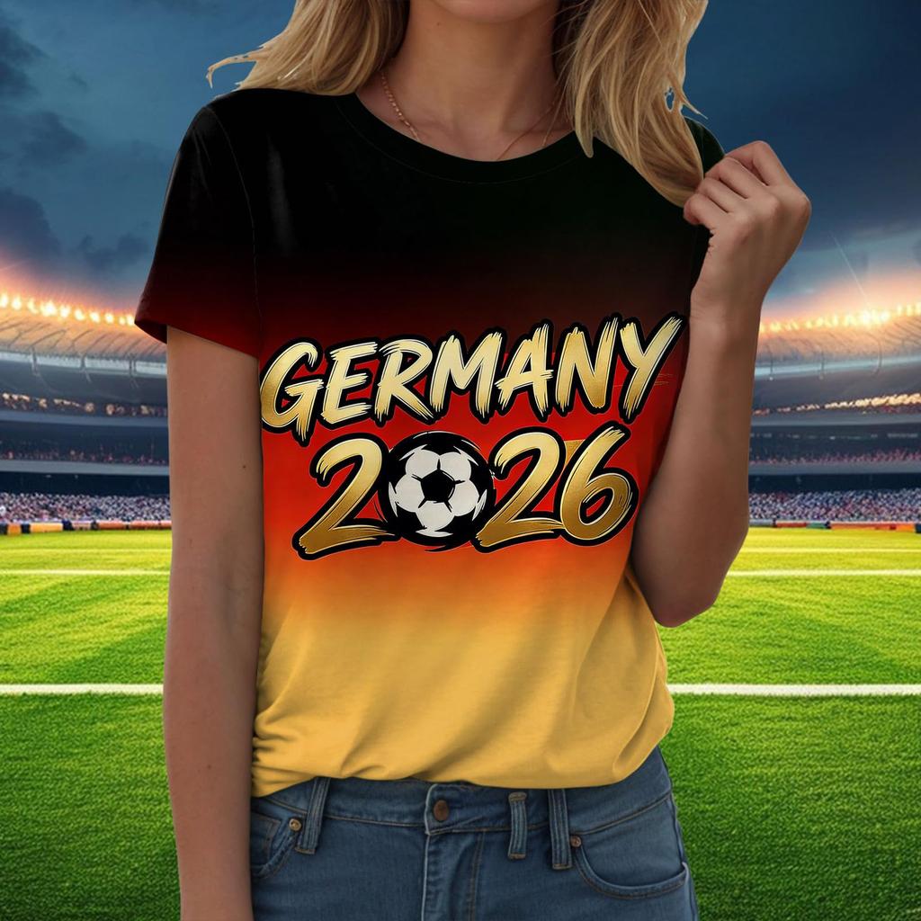 Damen Freizeit Pullover T-Shirt Kurzarm Rundhals Buchstabendruck Oberteil zur Fußballunterstützung Deutschland 2026 Fanartikel
