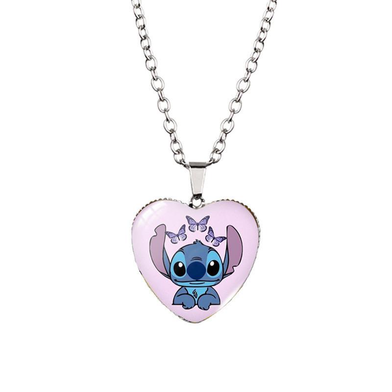 Adorable Stitch Cartoon Heart Necklace For Kids With Stunning Glass Pendant And Alloy Chain