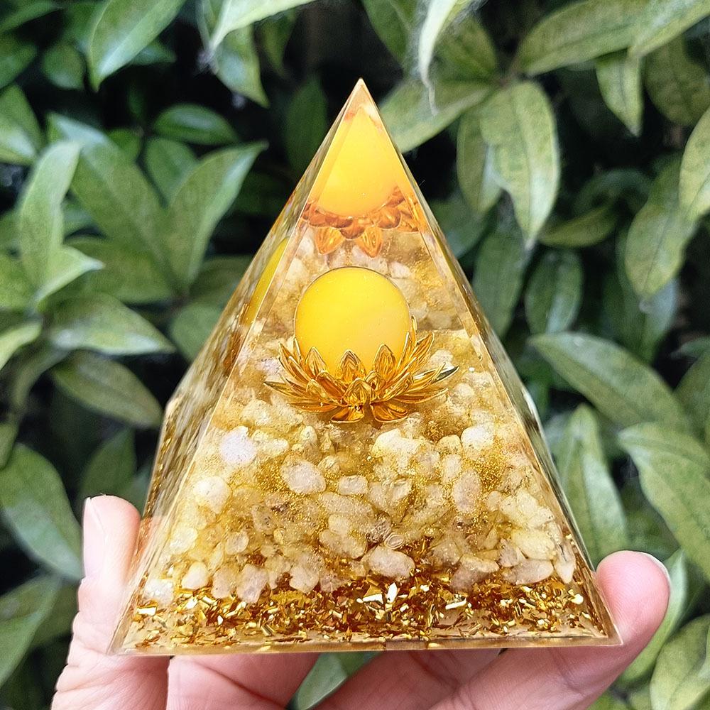 Crystal Ball & Crushed Stone Pyramid Ornament - Home & Office Resin Decor 8 cm (Neutral Color Box)