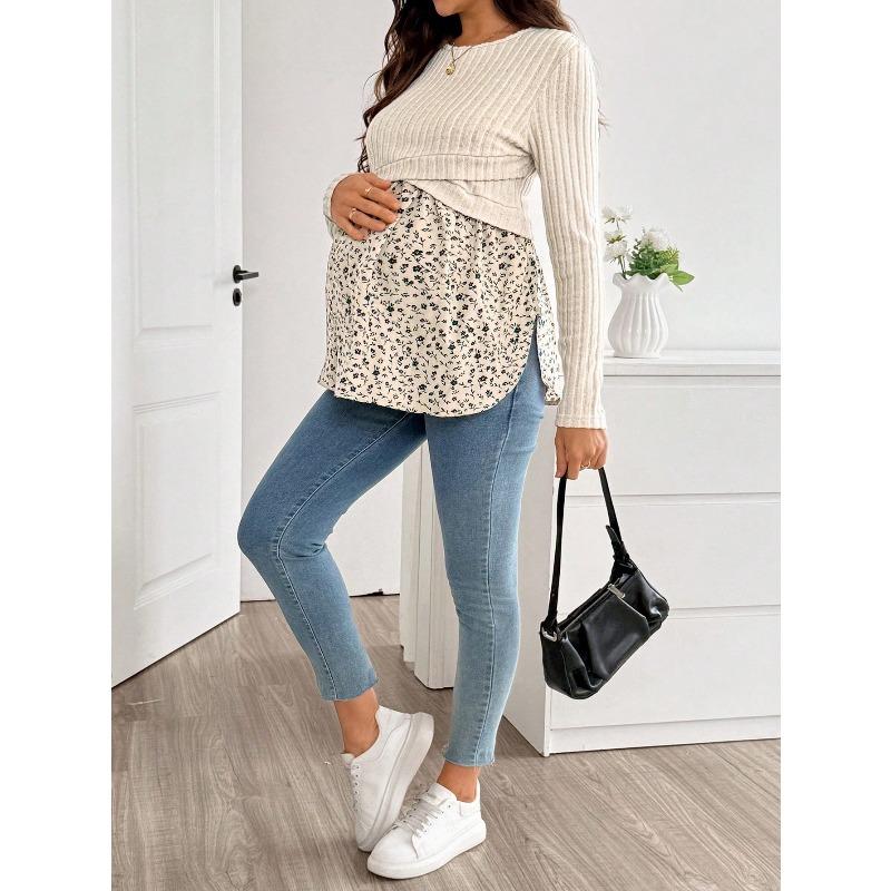 Pregnant Women's Top Knitted with Patchwork Printing for Breastfeeding and Casual Maternity Pullover