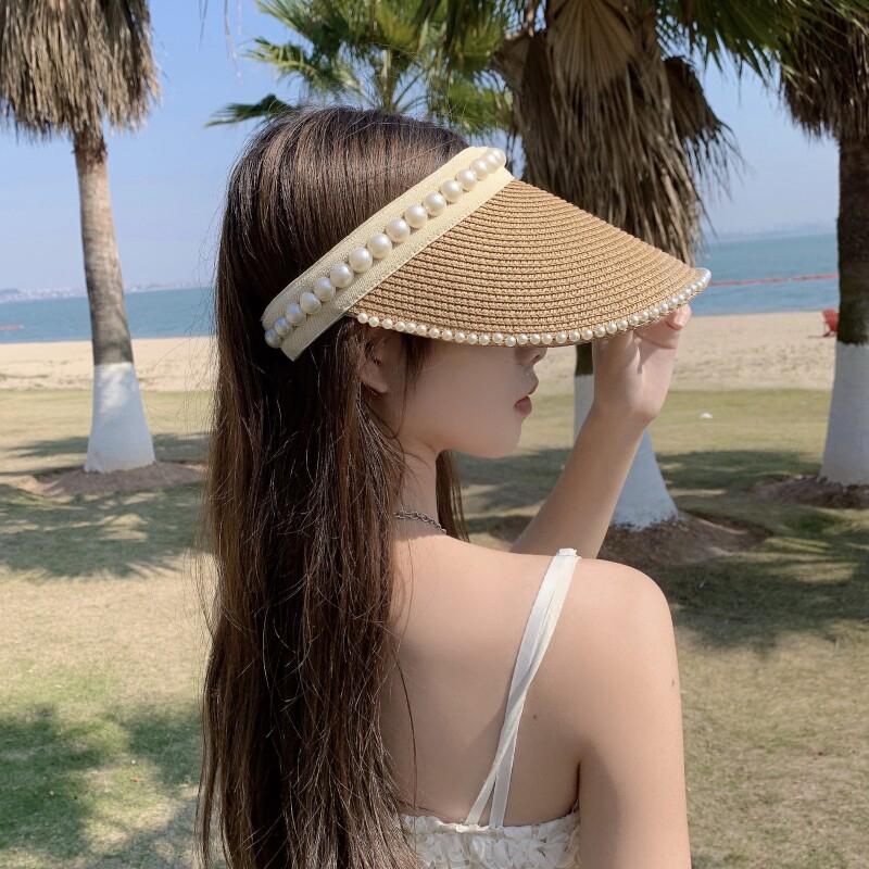 Women'S Summer New Fresh Beach Hat With Pearls Open Top Sun Hat Fashionable Raffia Straw Hat