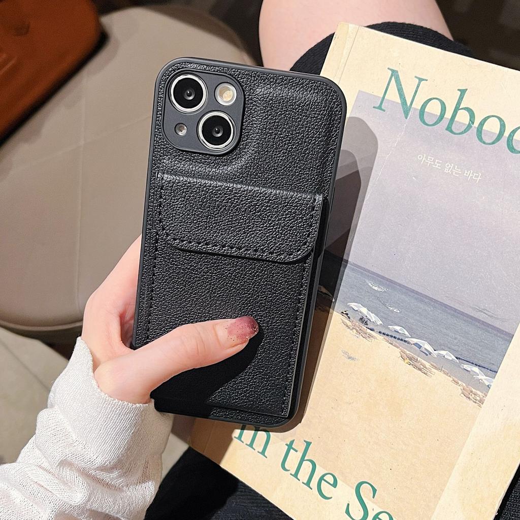 Lychee Pattern Is Suitable for Apple 17promax Mobile Phone Case Card Bag Iphone15 Simple 12 Plain Leather All-inclusive Protective Case.