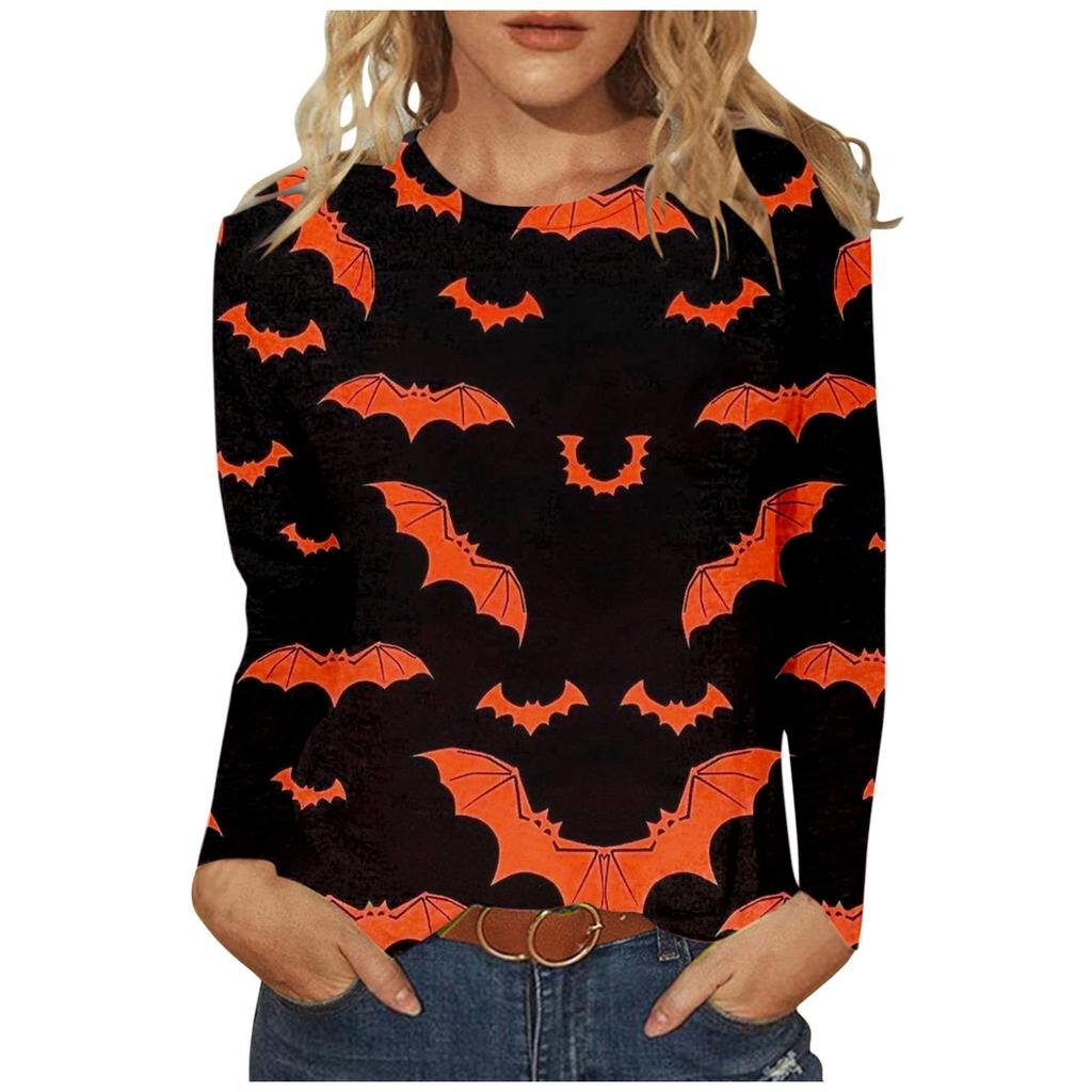 Women's Casual Fashion Halloween Print Long Sleeve Pullover T-shirt Top