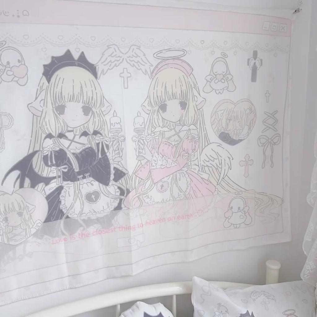 KKON Maid Ver Anime Tapestry Pink Heart Wall Hanging for Bedroom Dorm Decor Kawaii Music Anime Themed Home Decor for Bedro