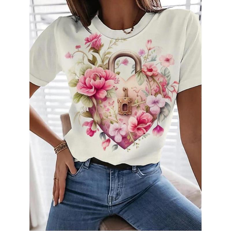 Women's T Shirt Tee Rose Floral Casual Holiday Print Short Sleeve Fashion Crew Neck Summer&Spring Harajuku T-shirts for Girls