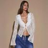 Women S Lace Long Sleeve V Neck Tie Front Split Top