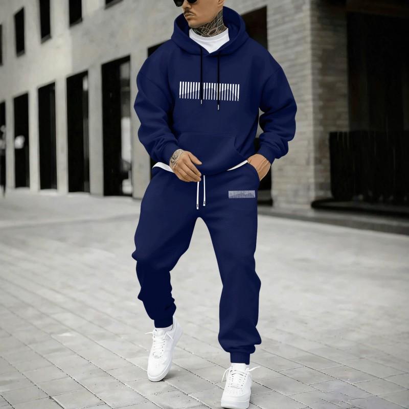 Mens Casual Hooded Tracksuit Set Fleece Lined Loose Fit Printed Streetwear Teens Young Adults