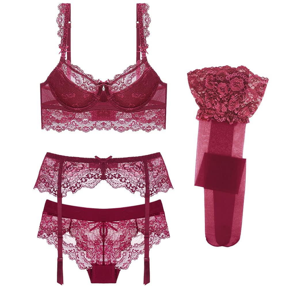 code lingerie sexy garter temptation set [Sexy 1701] Women's 4-piece set, bra, shorts, belt, stockings, (SV399-75D-Red)