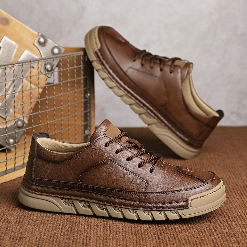 Men Leather Casual Shoes Soft Sole Walking Shoes Luxury Brand Lace-Up Lightweight Walking Shoes Outdoor Mens Sneakers