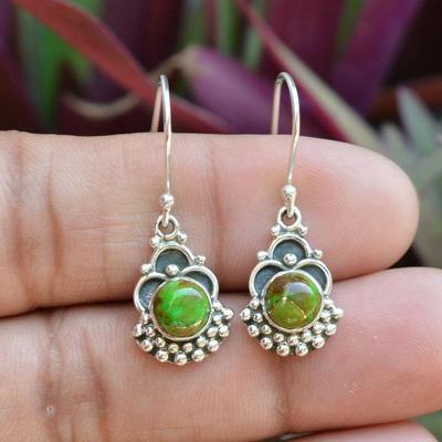 Green Copper Turquoise Round Earring, Gift For Her, 925 Silver Earring, Handmade Earring, Boho Jewelry, Birthday Gift