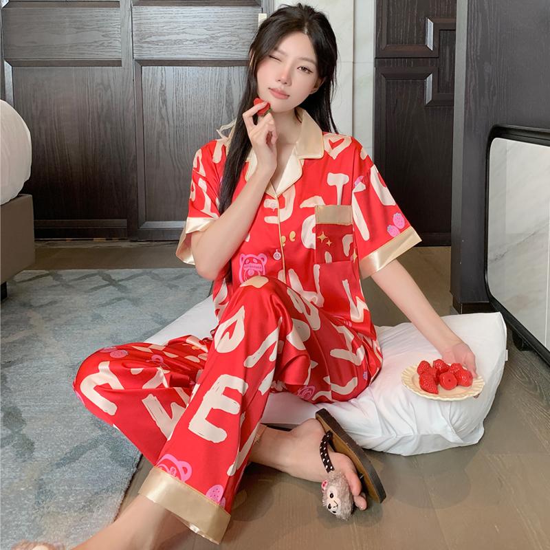Sommer Herbst Pyjama Set Damen Nachtwäsche Sets Ruhe Umlegekragen Faux Seide Satin Kurzarm Oberteile und lange Hosen Buchstaben Weiblicher Pyjama Hauskleidung
