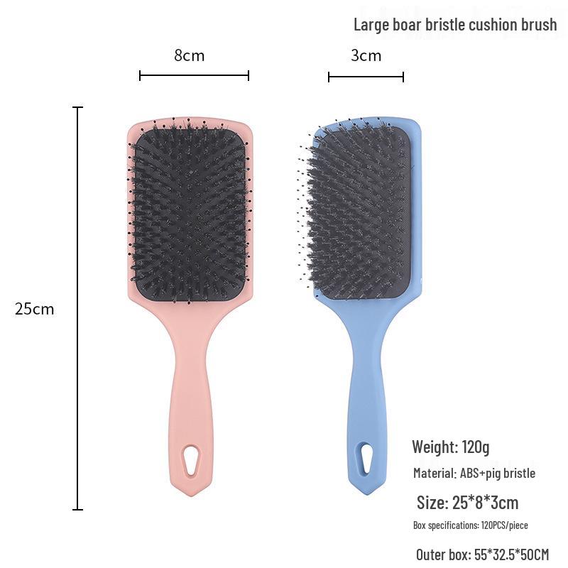 Large Black Boar Bristle Paddle Brush - Detangling Cushion Comb for Scalp Massage and Hairdressing