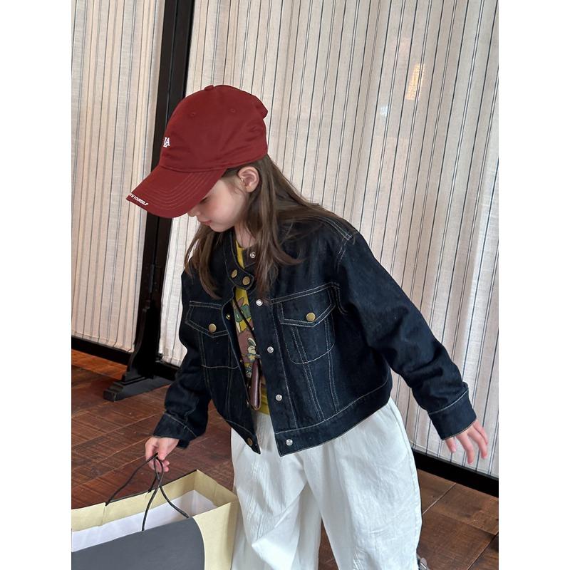 Korean Style Kids Girls Stand Collar Casual Denim Jacket Outerwear