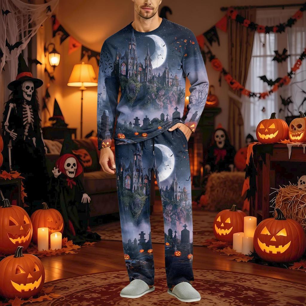Men's Halloween Pajama Set Long Sleeve Long Pants with Crotch Buttons and Elastic Drawstring Waist