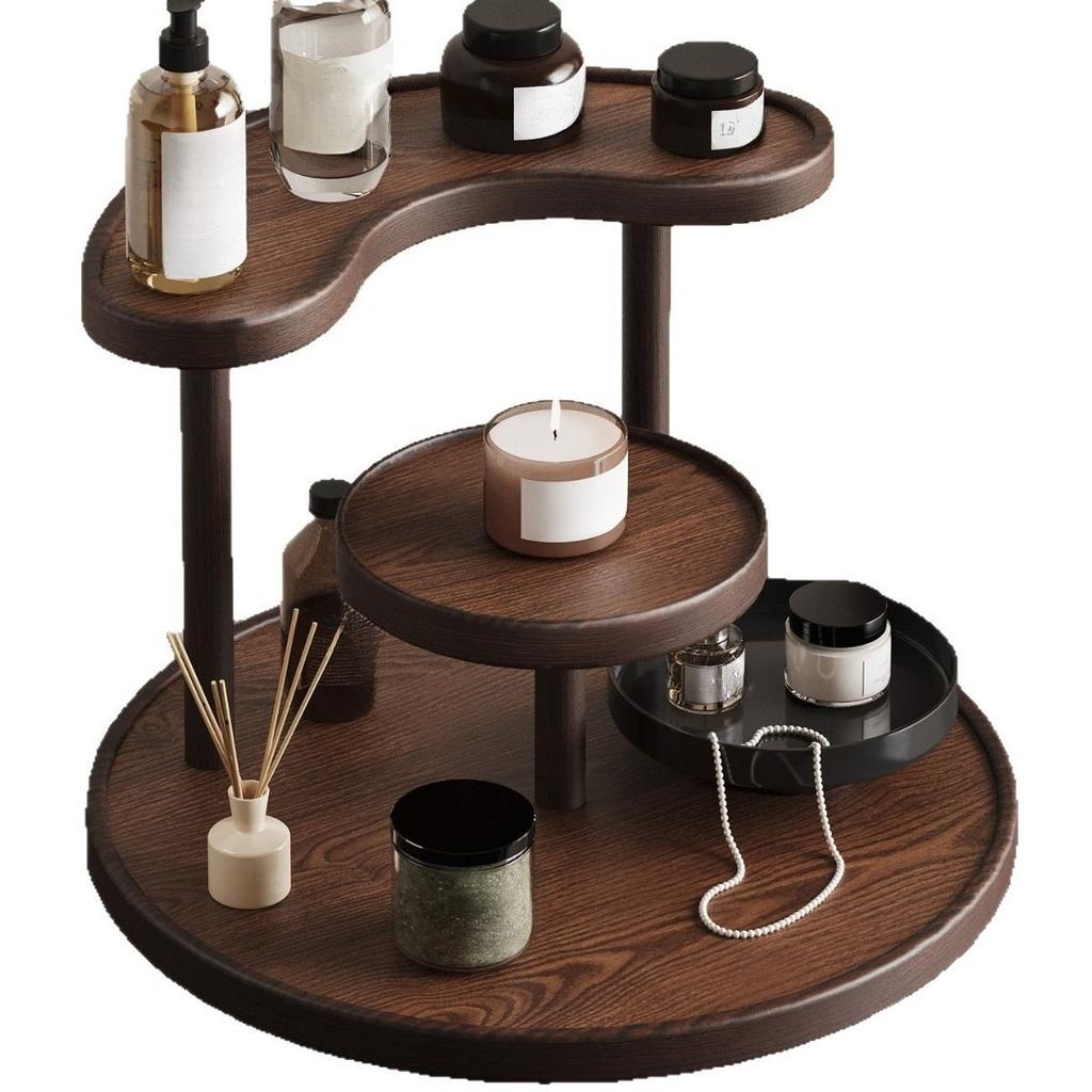 3-Tier Round Wooden Shelf Perfume Organizer Walnut Desktop Storage Rack Cosmetic Display Stand for Vanity Jewelry Skincare Cup
