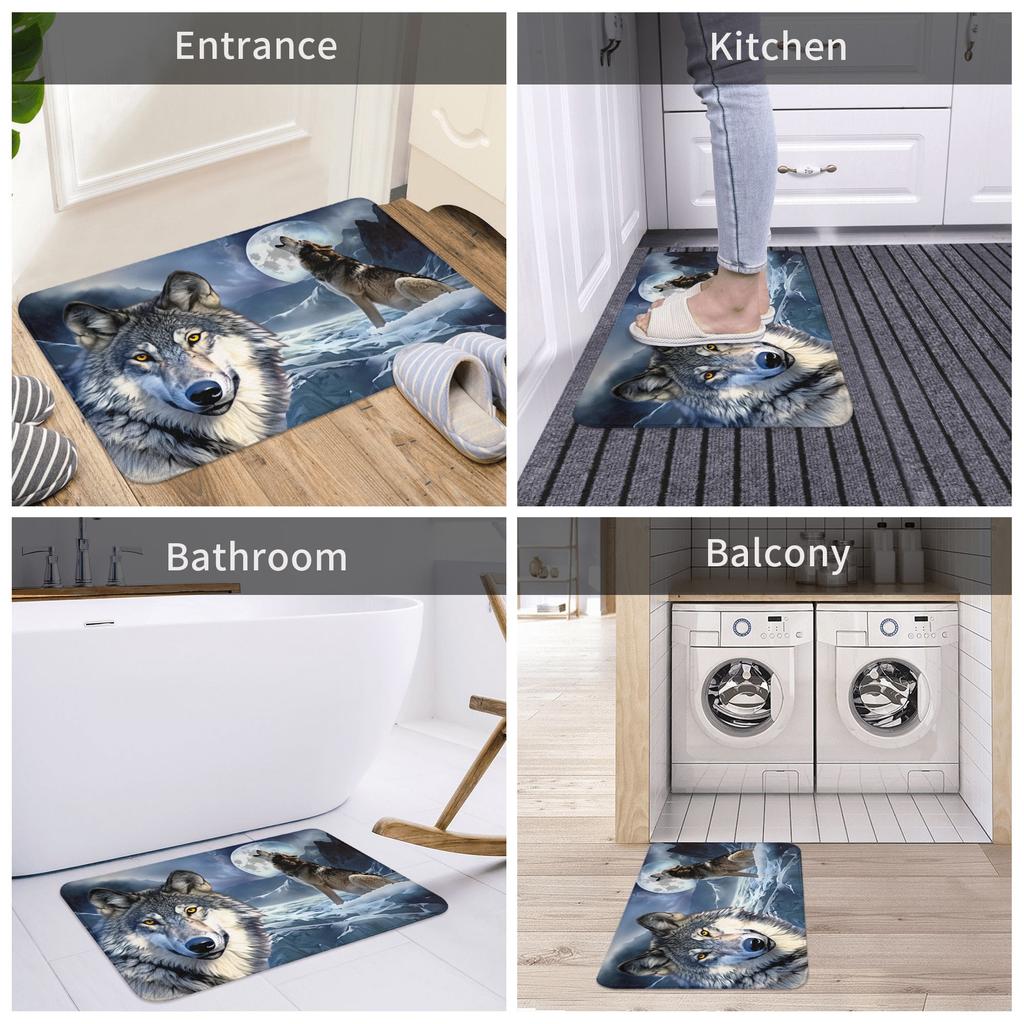 Psychedelic 3D Snow Wolf Animal Floor Door Bath Kitchen Mats Anti-Slip Indoor Wolf Lover Doormat Toilet Entrance Carpet Rug