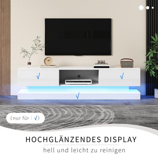 TV Media Cabinet, White High-Gloss TV Cabinet with LED Light, 2 Drawers, App Control, Anti-Tilt Design, for 60-Inch TV