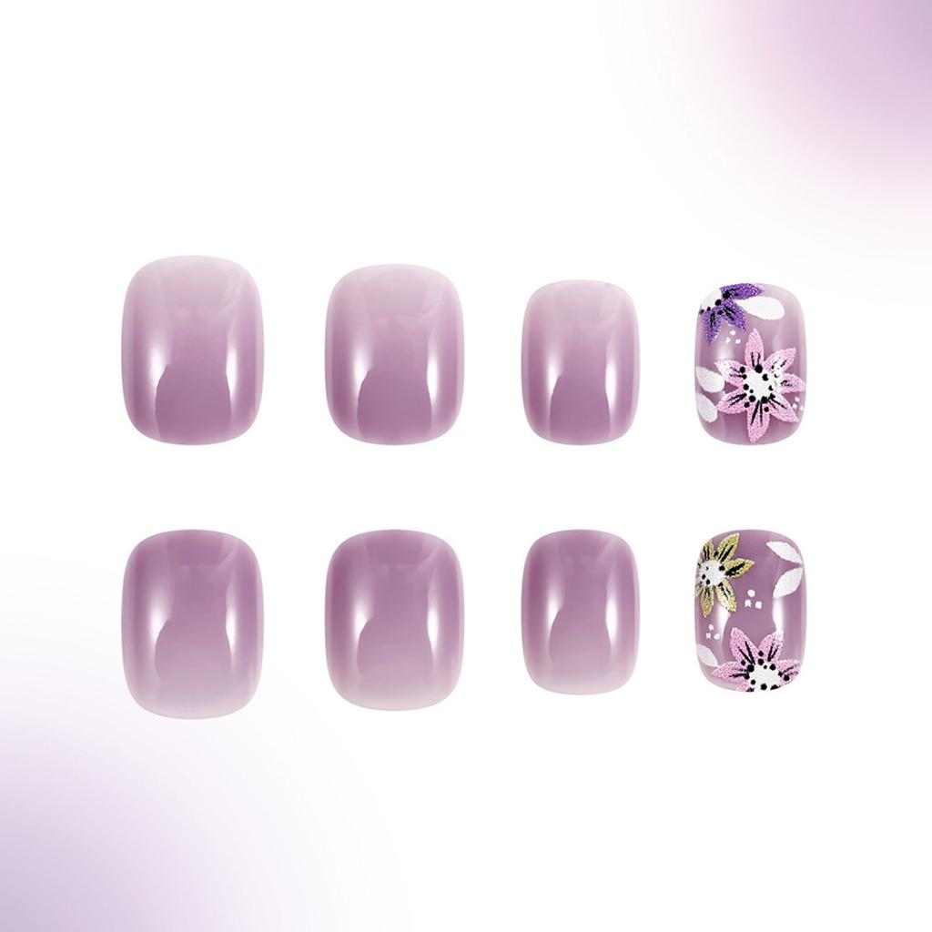24 Pieces Press On Nail Short Square False Nail Purple Floral French Tips Full Cover Manicure Designs for Women