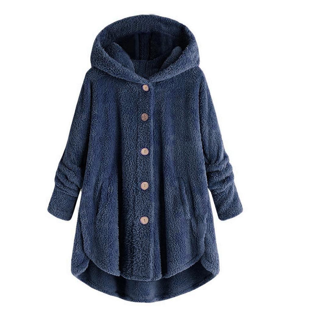 Kvinner Plus Size Button Plysj Topper Hette Løs Cardigan Ull Kåpe Vinterjakke