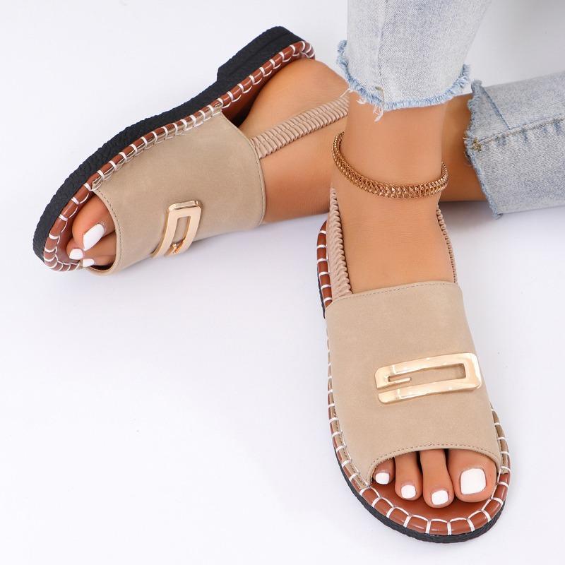 Flat-bottomed Women's Elastic Band Metal-decorated Large-sized Sandals