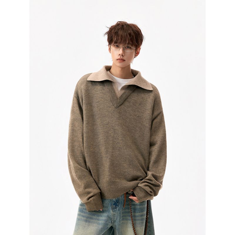 Retro Vintage Style V-Neck Patchwork Sweater for Men, Winter Casual Two-Piece Knitwear for Couples, Soft and Loose Base Shirt