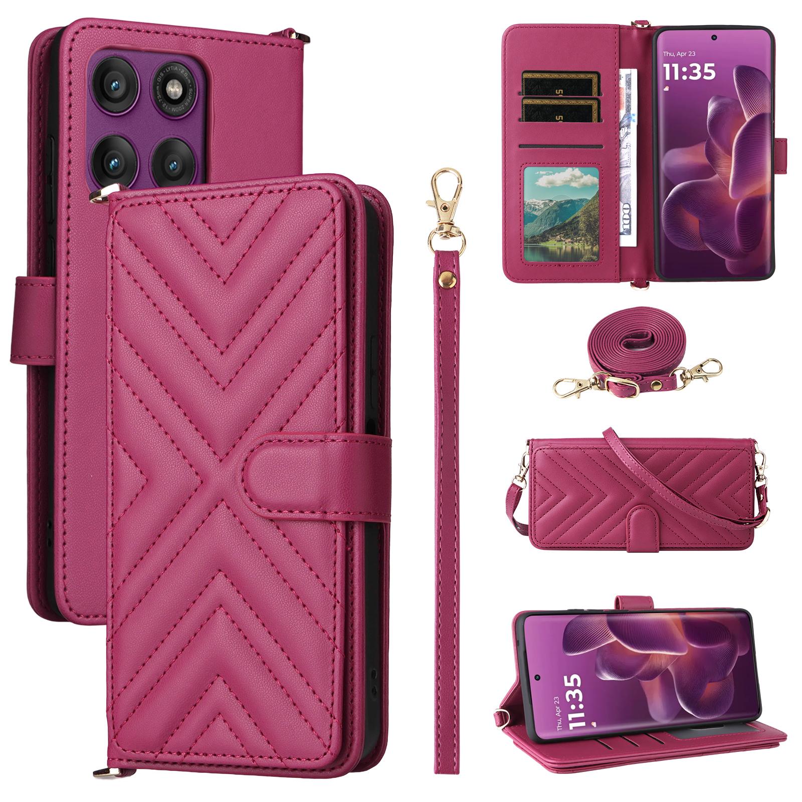 

For Motorola Edge 60 Pro 5G Case with Shoulder/Wrist Strap Leather Phone Cover Stand Wallet Rose
