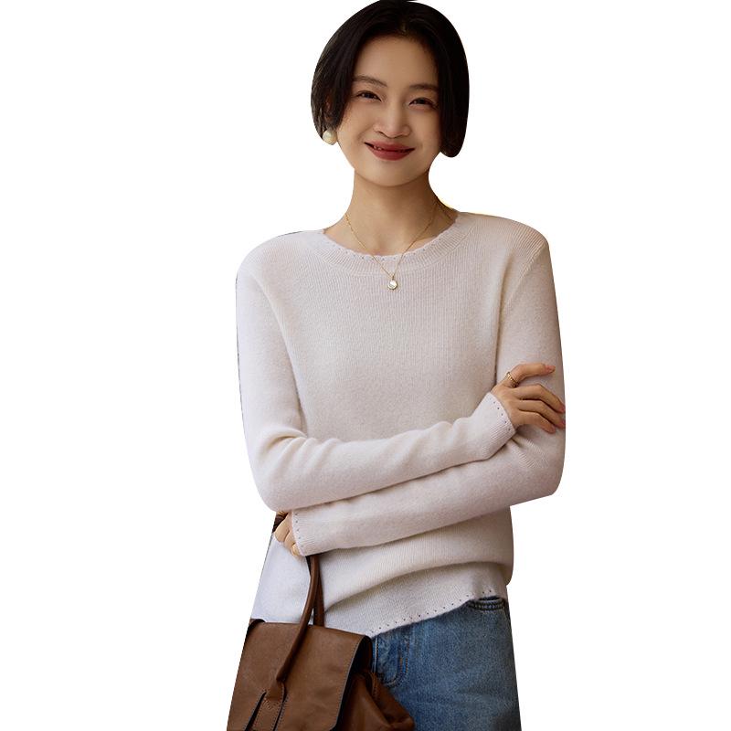 Women's 100% Wool Knit Sweater: Classic Round Neck Pullover for Autumn/Winter