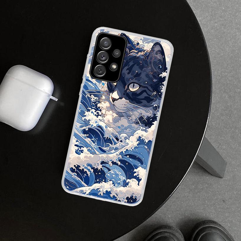 Anime Cat Sea Wave Aesthetic Phone Case for Samsung Galaxy A17 A16 A26 A36 A56 A57 A37 A15 A25 A35 A55 A14 A24 A34 A54 A13 A23 A