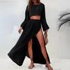 Damen Hellgrünes Kurzes Stricktop mit Trompetenärmeln und Passendem Maxi-Rock mit Hohem Schlitz Set, Outfit im Bohème-Stil
