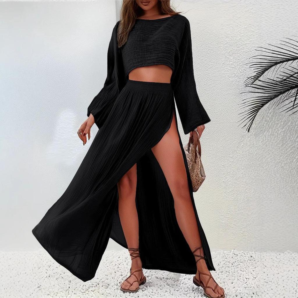 Damen Hellgrünes Kurzes Stricktop mit Trompetenärmeln und Passendem Maxi-Rock mit Hohem Schlitz Set, Outfit im Bohème-Stil