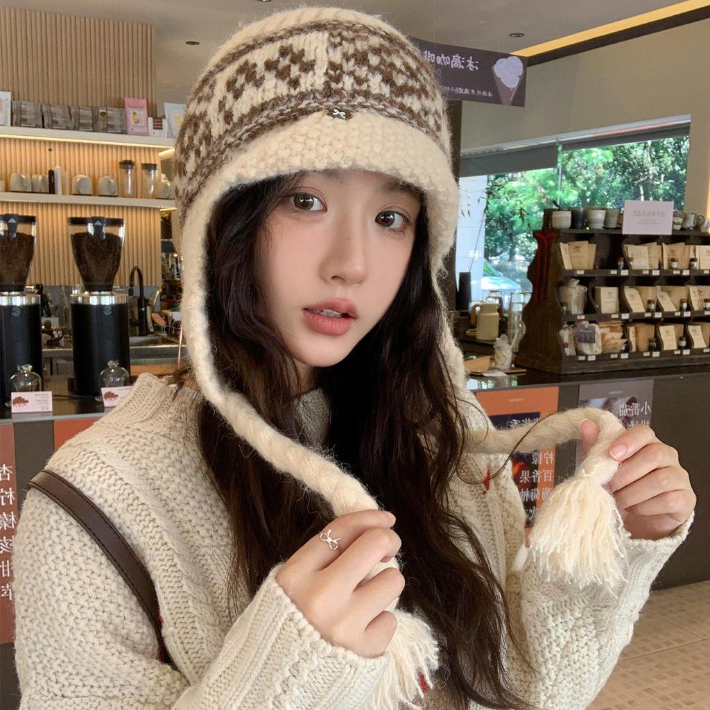 Fair Island Wind Red Knitted Wool Hat Women's Autumn and Winter Jacquard Warm Ear Protection Hat Thickened Cold-proof Knitted Hat