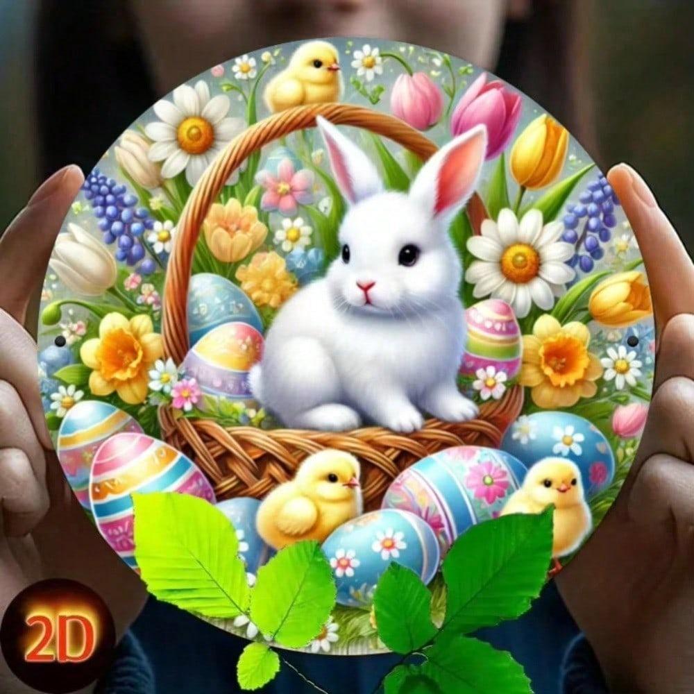 Panier de lapin de Pâques vintage Plaque murale ronde en métal Décoration de maison de ferme Jardin Café Art en fer Montage sur porte Salon