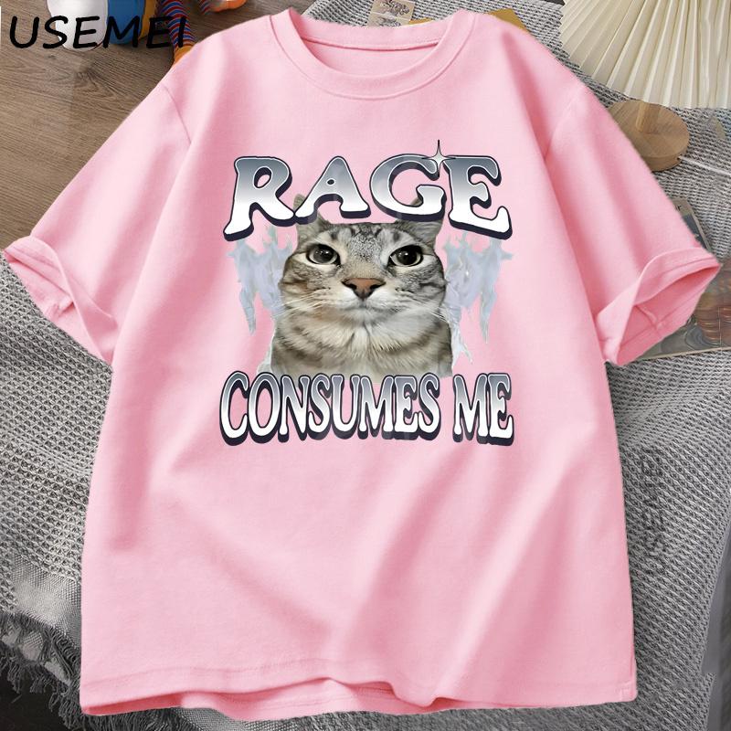 Rage Consumes Me Cat T Shirt Funny Cat Meme Printed TShirt Vintage Unhinged Silly Cat Graphic Tee Humor Cotton Short Sleeve Tee