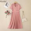 Women Turn Down Collar Short Sleeve Summer Pleated Dress