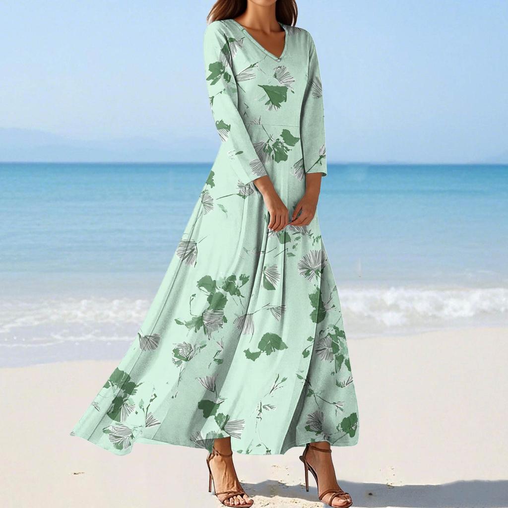 Women's Fashion V-Neck Floating Beach Dresses Seven Sleeve Floral Printed Dresses