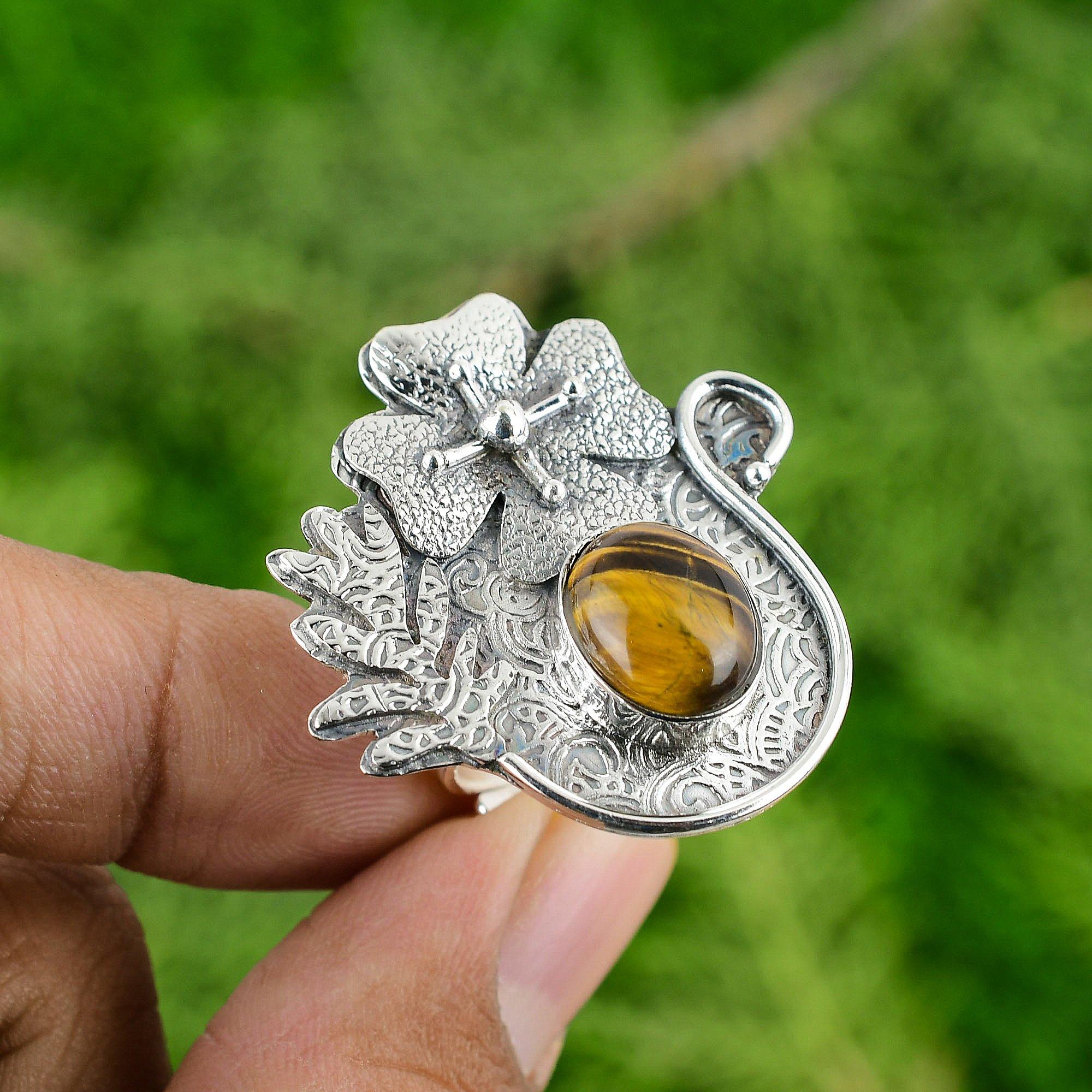 

Gift For Her Natural Tiger S Eye Statement Flower Adjustable Ring 925 Silver Adjustable