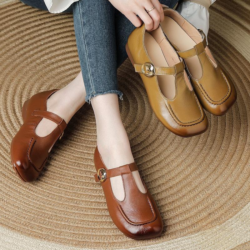 First layer cowhide single shoes spring new square head Mary Jane shoes retro literary and art fan women's shoes wide head soft sole mother shoes