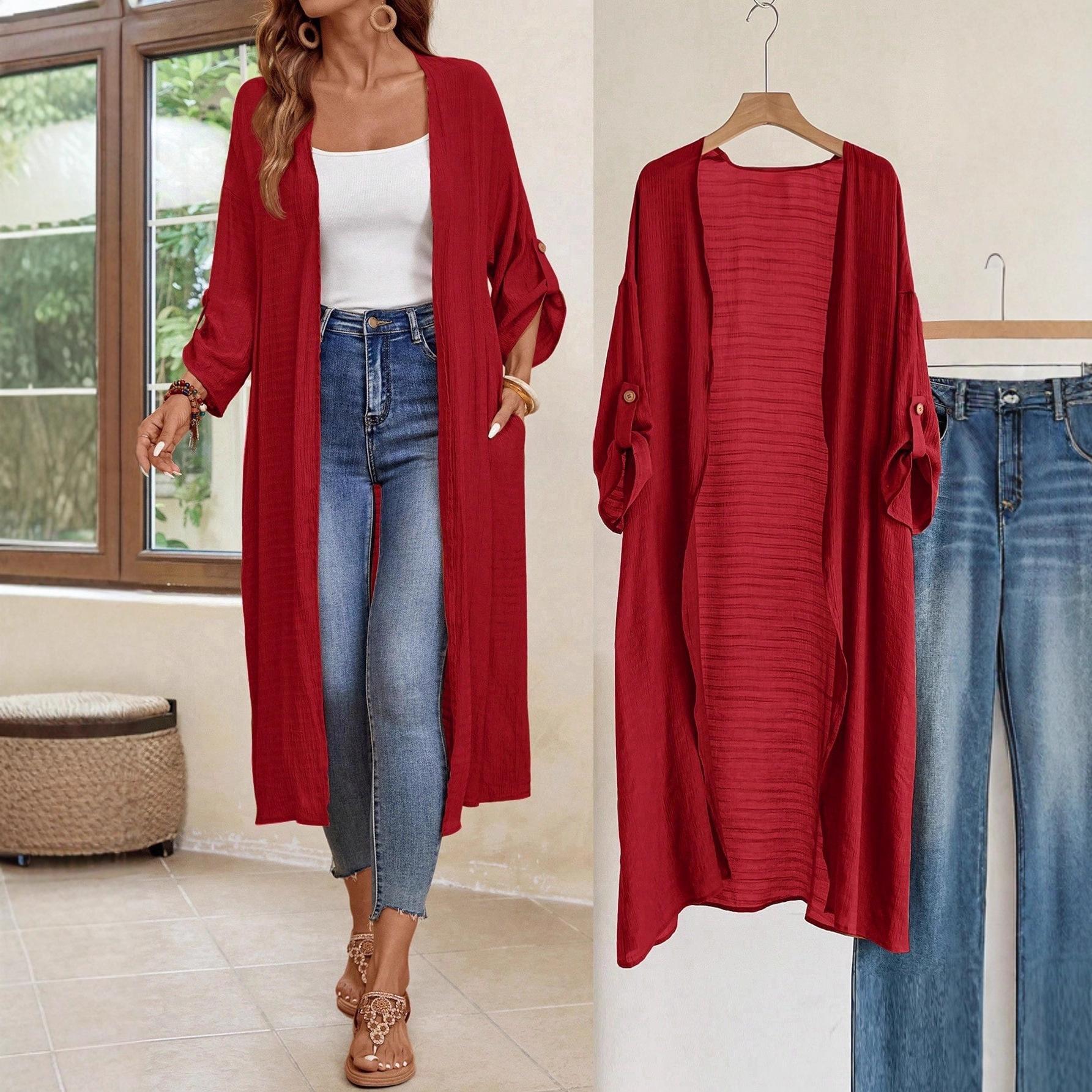 

Длинный кардиган для женщин, повседневняя и легкая верхняя одежда с регулируемыми манжетами, однотонное пальто и ветровка XXL красный